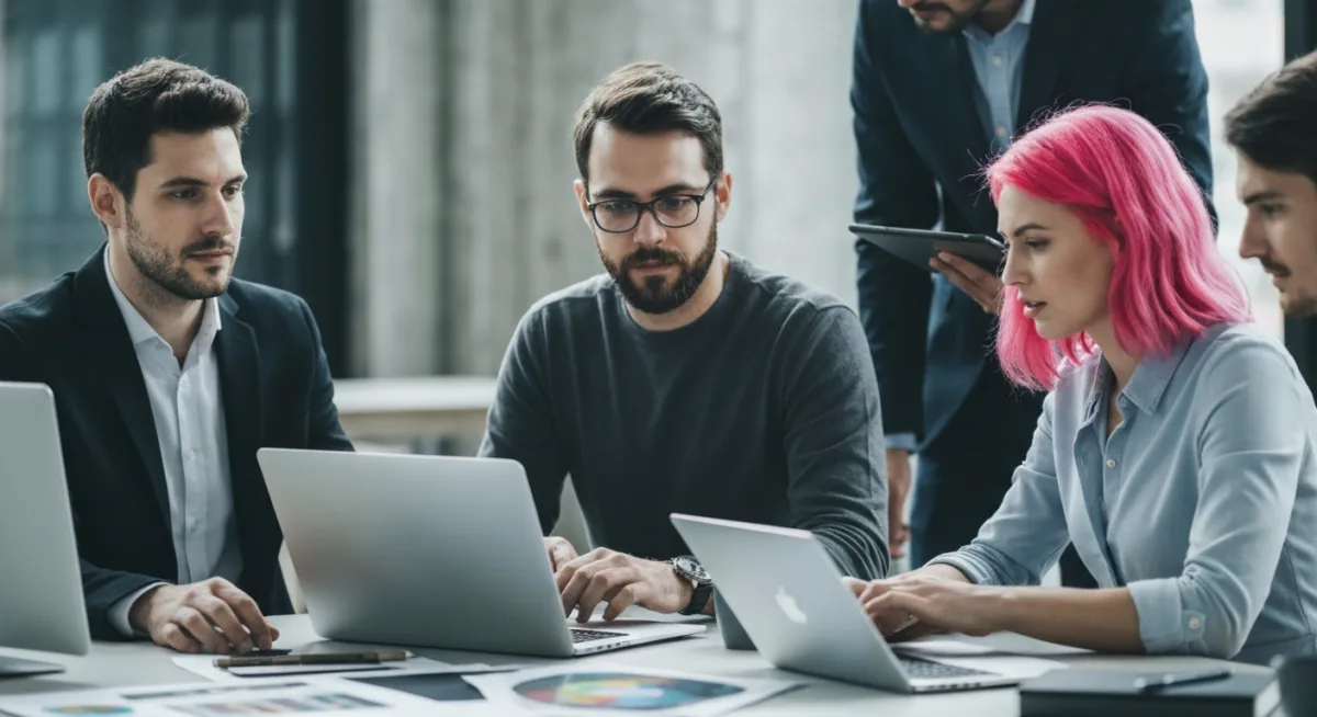 Echipa de dezvoltatori software colaborând la un proiect complex