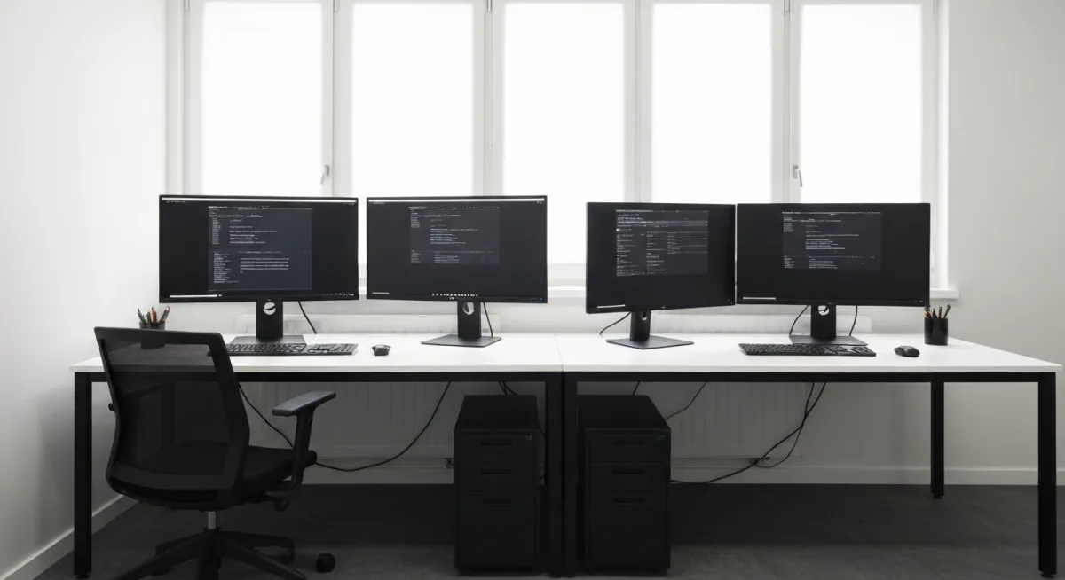 Workspace minimalist cu monitoare de înaltă rezoluție